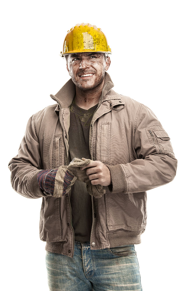 Young dirty Worker Man With Hard Hat helmet Arbeitsmedizin für die Industrie von Rohrberg & Theile