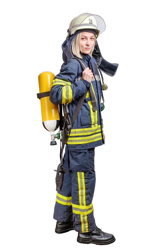 Young woman firefighter wearing uniform and helmet with air pack on her back isolated Arbeitsmedizin für Feuerwehren von Rohrberg & Theile